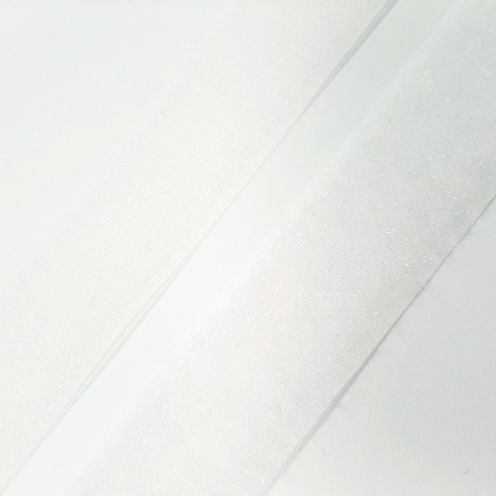 Teollinen koukku ja silmukkateippi (silmukka ja koukkuteippi), leveys 25 mm – Valkoinen